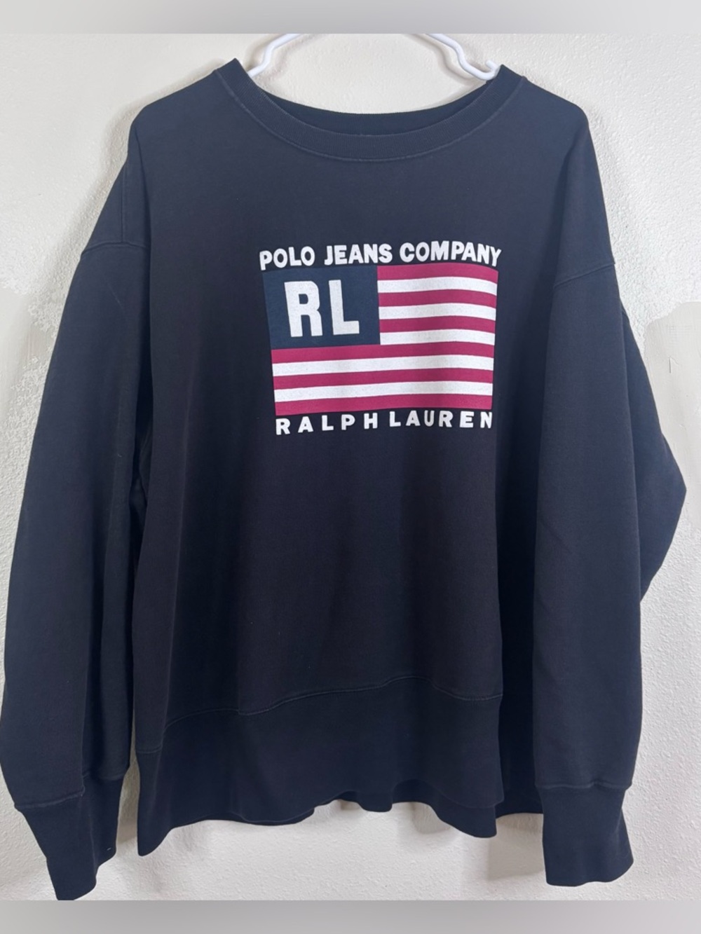 Vintage Ralph Lauren Polo Jeans Pullover Black Sweatshirt Flag USA Cotton Sz XL